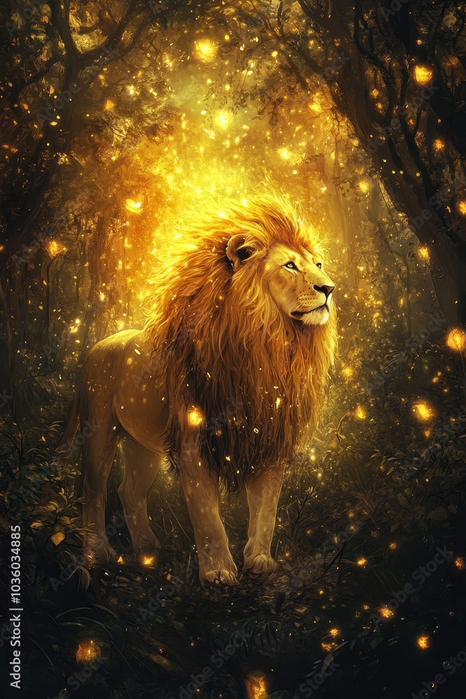 Naklejka premium Dreamlike Lion in Enchanted Forest