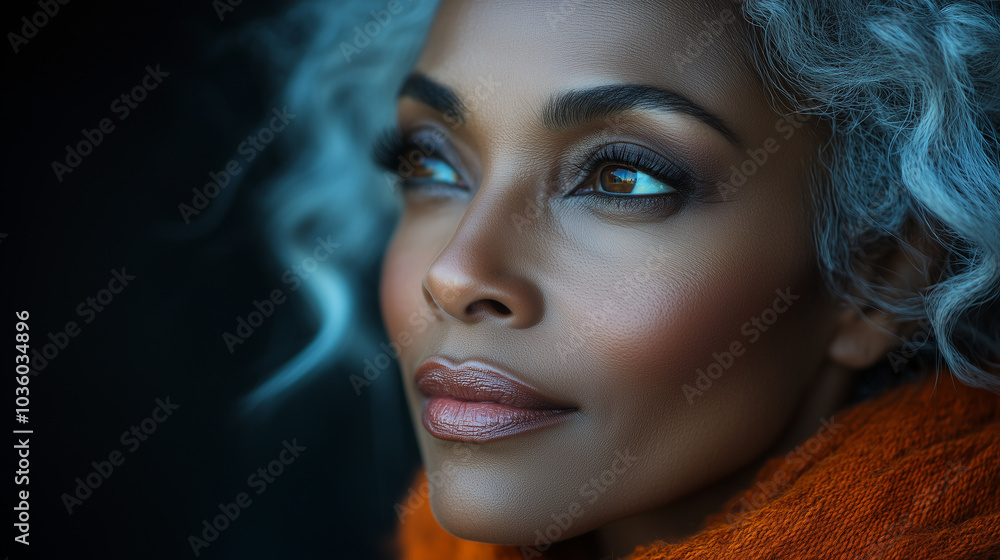 Black woman with light-colored blonde white hair, stylish hair dyeing process. Banner with copy space, beauty salon Black woman with light-colored blonde white hair, stylish hair dyeing process. Banner with copy space, beauty salon
