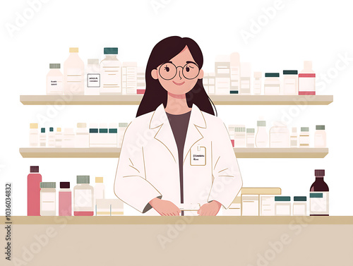 Pharmacist in front of medicine shelves on drug store background