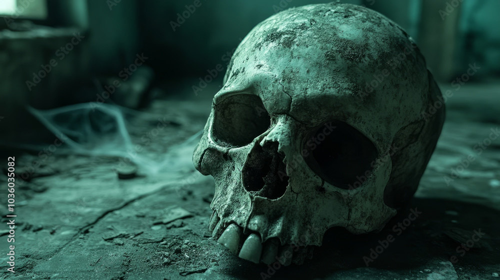 Human skull in a dark, abandoned, decayed environment. Human skull in a dark, abandoned, decayed environment.