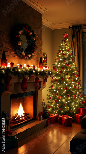 christmas decorations surround fireplace christmas tree cozy living room