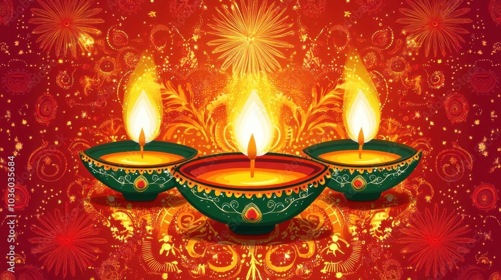 Festive diyas illuminate a vibrant backdrop during a celebration of light and joy at dusk Festive diyas illuminate a vibrant backdrop during a celebration of light and joy at dusk