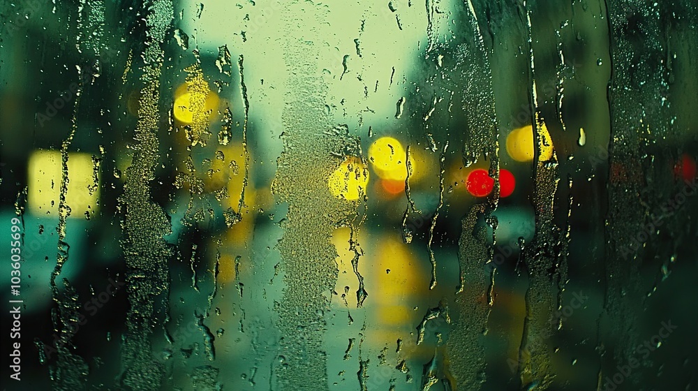 Obraz premium Raindrops on a window with blurred city lights.