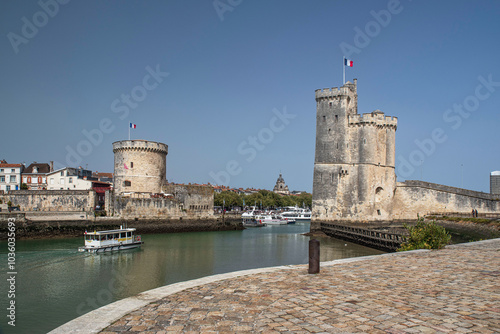 Ancient architecture of the port of La Rochelle in France photo