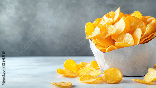 Crispy potato chips in bowl create delightful snack scene photo