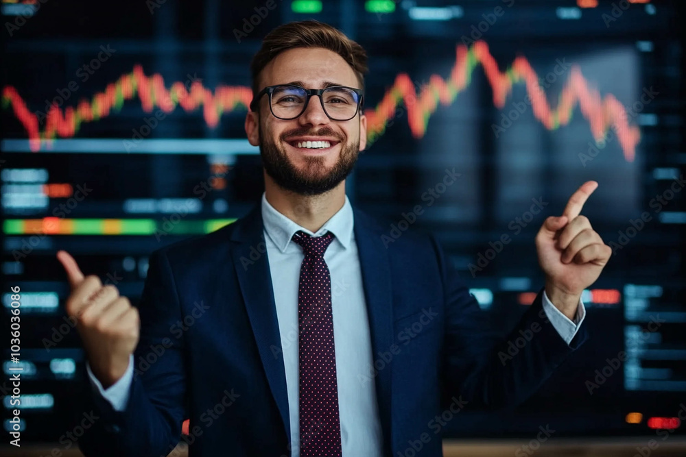 Confident Businessman Celebrating Stock Market Success Confident Businessman Celebrating Stock Market Success