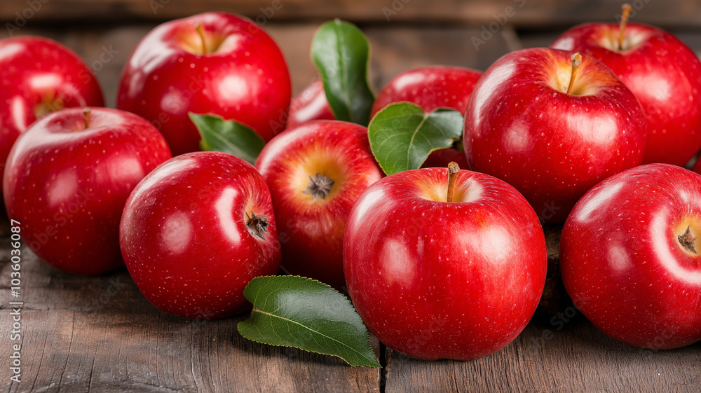 Fresh red apples arranged on wooden surface with green leaves, showcasing their vibrant color Fresh red apples arranged on wooden surface with green leaves, showcasing their vibrant color