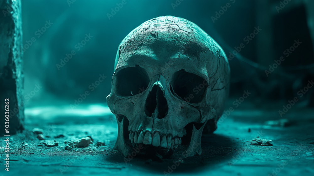 A human skull placed on a dark, eerie surface A human skull placed on a dark, eerie surface