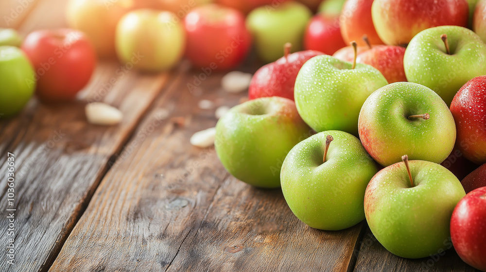 Fresh green and red apples on wooden table, showcasing vibrant colors and textures Fresh green and red apples on wooden table, showcasing vibrant colors and textures