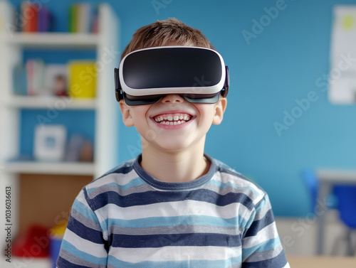 young boy wearing virtual reality goggles smiles joyfully in colorful room, showcasing excitement of technology in education and play