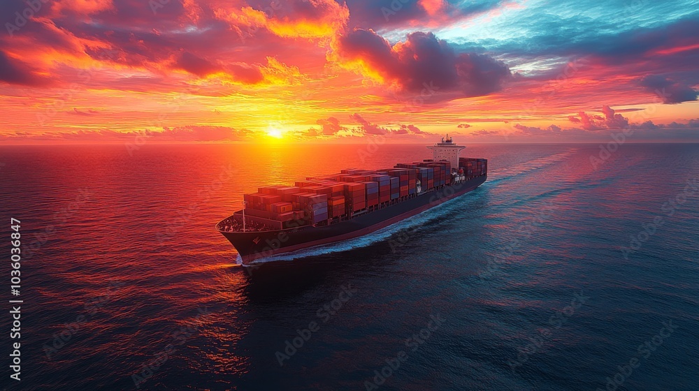 A cargo ship sails steadily across calm waters as the sun sets, illuminating the sky with brilliant colors and creating a serene atmosphere at dusk. A cargo ship sails steadily across calm waters as the sun sets, illuminating the sky with brilliant colors and creating a serene atmosphere at dusk.