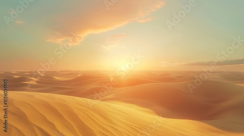 Rolling dunes in a desert with a dramatic sunset and clear sky