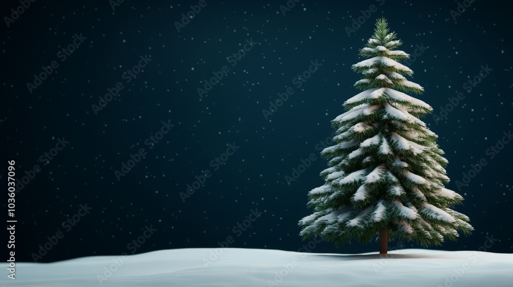 A snow-covered evergreen tree stands alone against a dark backdrop, with snow gently falling, creating a serene winter scene. A snow-covered evergreen tree stands alone against a dark backdrop, with snow gently falling, creating a serene winter scene.