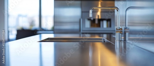 A stainless steel sink with a silver faucet sits on a countertop