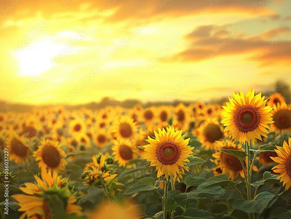Fototapeta premium Sunflower Field at Golden Sunset Glow