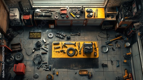 An overhead view of a workbench with various automotive tools and parts scattered, illustrating a busy mechanic's day,