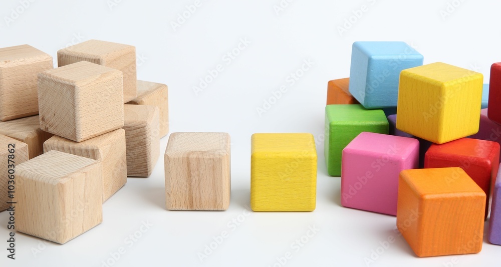 Fototapeta premium Many wooden colorful cubes on white background