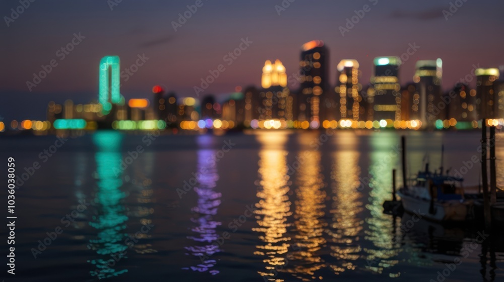 Fototapeta premium A blurred, out-of-focus image of a city skyline at night, with the lights reflecting in the water.