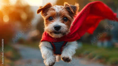 Playful dog in superhero cape flying outdoors

 photo