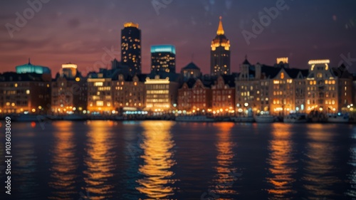 A blurred cityscape at night with twinkling lights reflecting off the water.