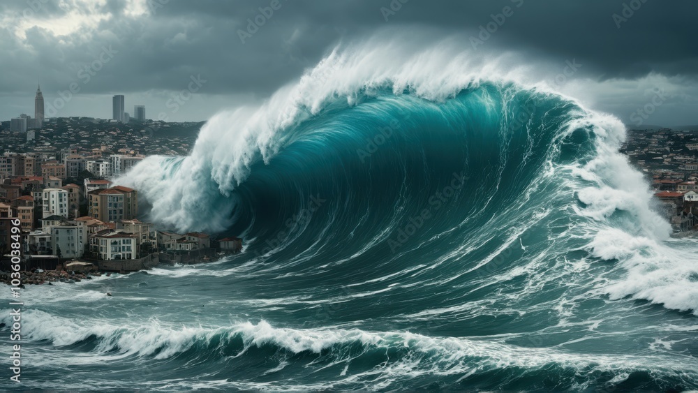 Obraz premium Massive wave crashes into coastal city, causing destruction of buildings along the shore