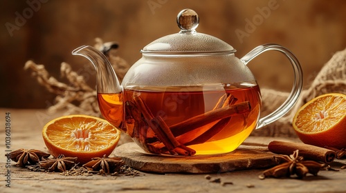 Clear teapot brewing rooibos tea with visible cinnamon sticks and dried orange peel, isolated on a warm brown background with decorative citrus slices