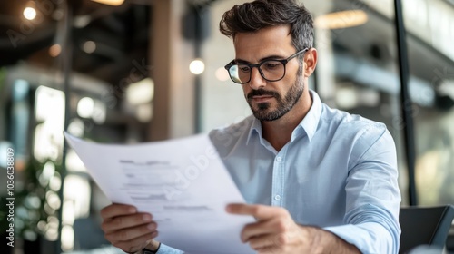 Underwriter reviewing information for mortgage. Agent checking financial documents for loan approval photo