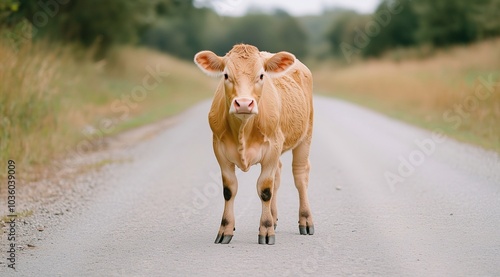 A cow standing on the road, pasture.