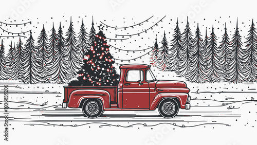Christmas truck. Vintage vector illustration Christmas red truck with a Christmas tree on a white background. Retro card