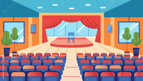 multipurpose room for events performances and lectures with a stage and seating for a large audience.