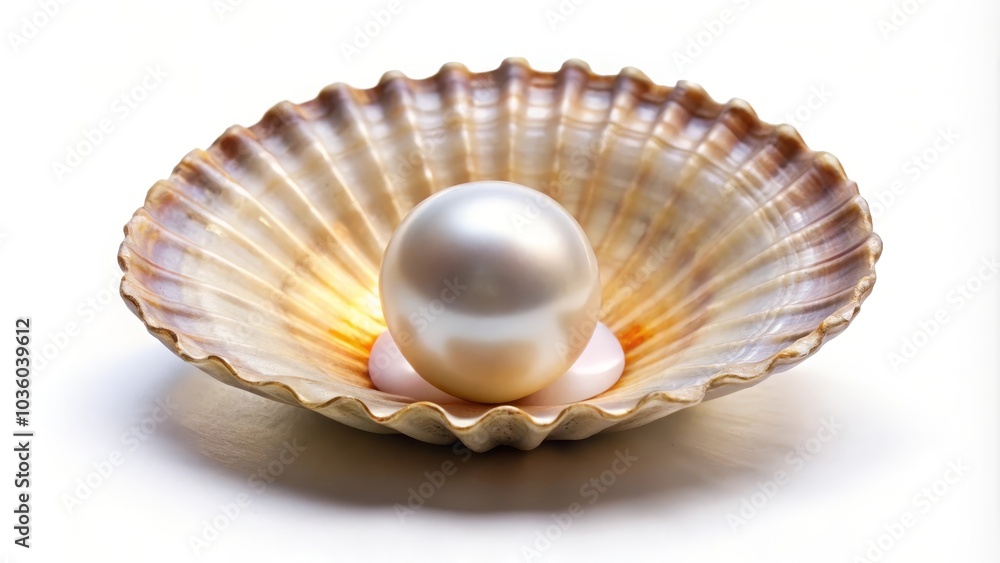 Big white pearl is resting on a beautiful iridescent mother of pearl shell Big white pearl is resting on a beautiful iridescent mother of pearl shell