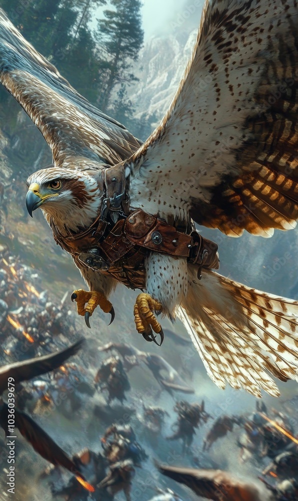 A hawk with leather armor flies over soldiers. A hawk with leather armor flies over soldiers.
