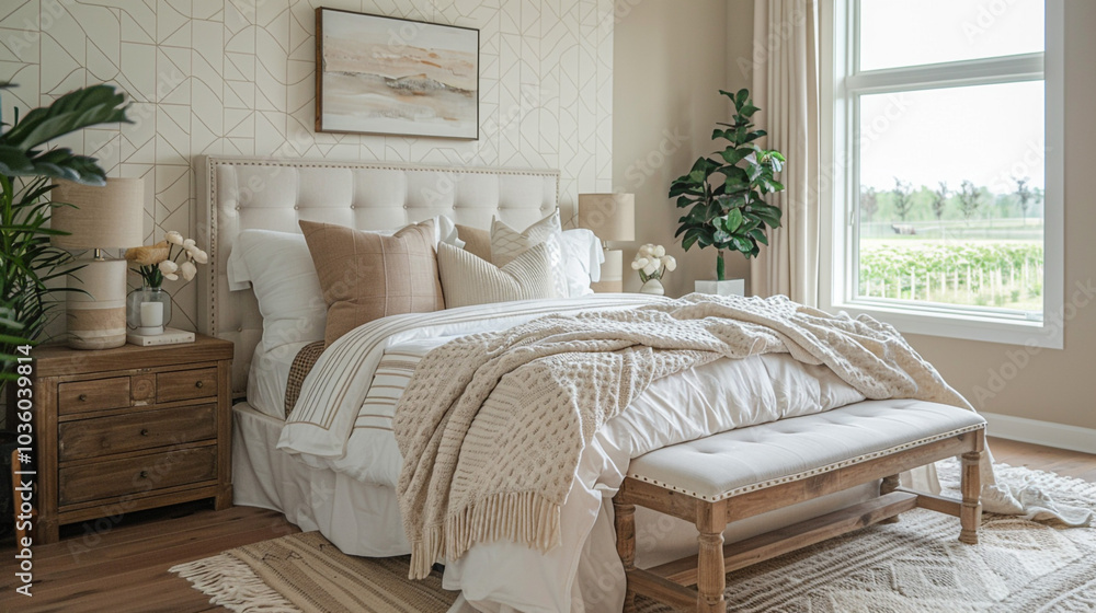 Obraz premium A transitional bedroom with a cozy and serene atmosphere