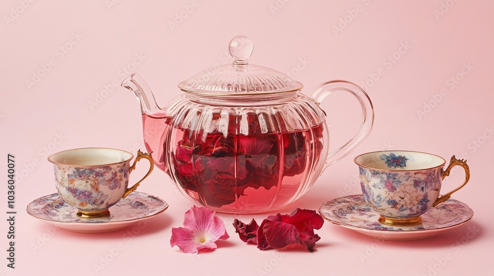 Fototapeta premium Glass teapot with visible rose petals and dried hibiscus, isolated on a light pink backdrop with decorative teacups and saucers
