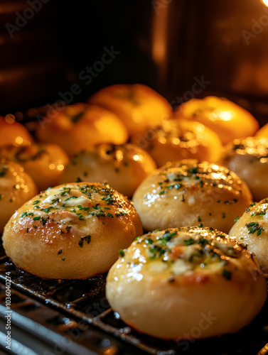 Golden buns baking in an oven with herbs on top.