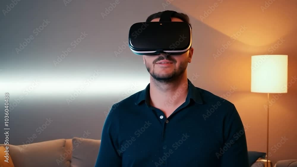 Man wearing virtual reality headset in a modern living room. VR technology and immersive experience concept Man wearing virtual reality headset in a modern living room. VR technology and immersive experience concept