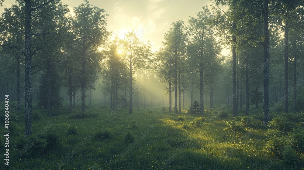 Obraz premium Serene forest with sunlight filtering through trees.