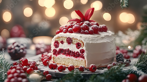 A white cake with red frosting and berries on top. The cake is decorated with a red ribbon and is surrounded by pine needles and berries