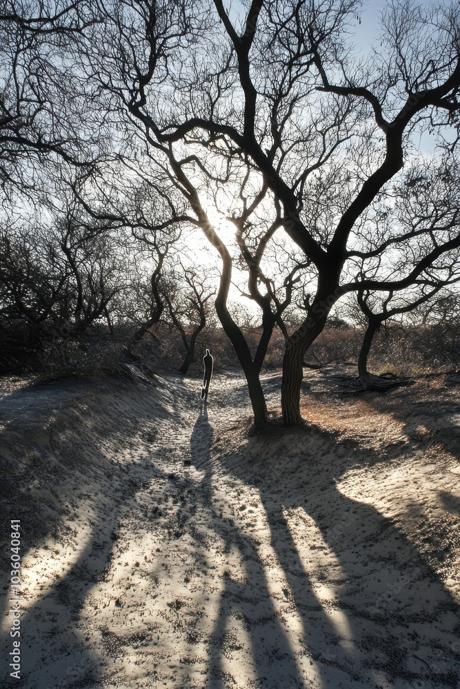 Tranquil Landscape with Shadows and Sunlit Trail Tranquil Landscape with Shadows and Sunlit Trail