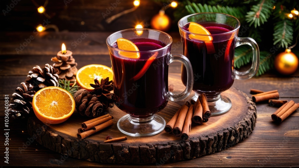 Hot mulled wine with warming spices, cinnamon sticks, and orange slices, set on a wooden table with a Christmas decor backdrop, great for winter and holiday visuals Hot mulled wine with warming spices, cinnamon sticks, and orange slices, set on a wooden table with a Christmas decor backdrop, great for winter and holiday visuals