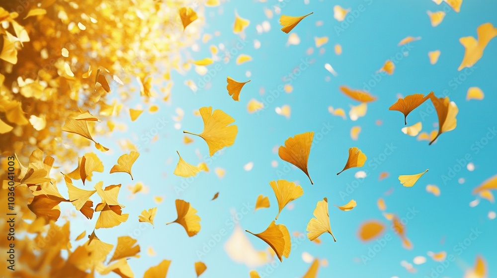 Yellow leaves floating in the air against a blue background Yellow leaves floating in the air against a blue background