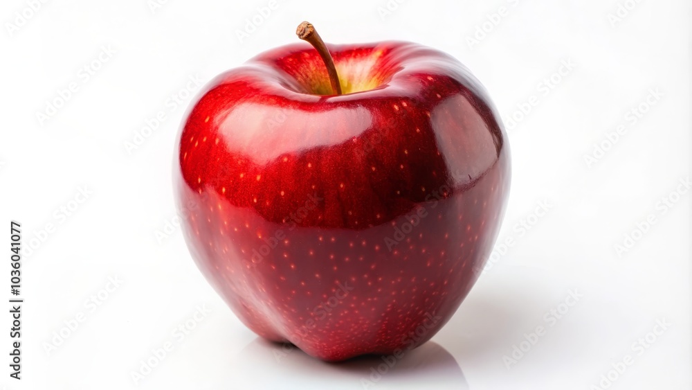Single red apple with a short stem is resting on a white reflective surface Single red apple with a short stem is resting on a white reflective surface