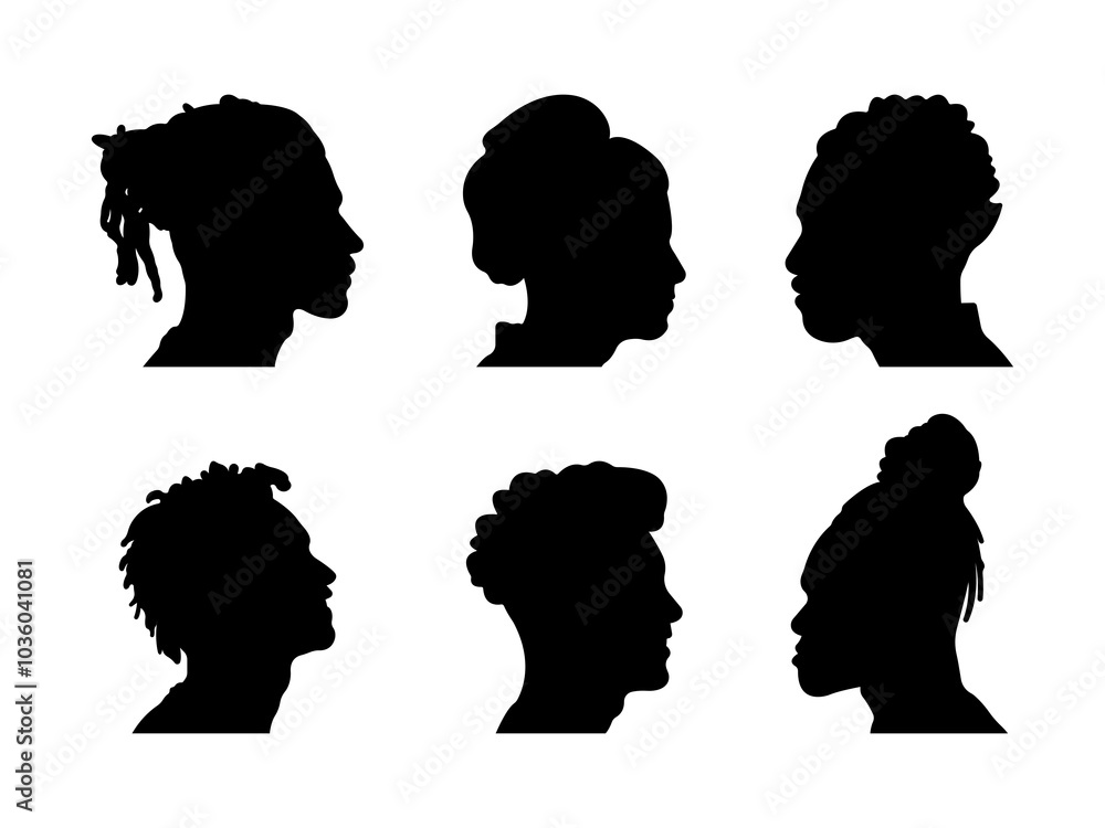 Set of Black African American man profile Silhouette in various poses isolated on white background Set of Black African American man profile Silhouette in various poses isolated on white background