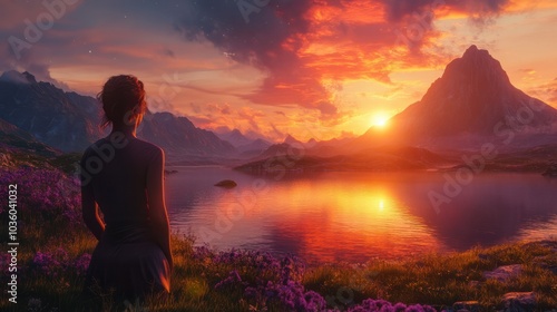 A peaceful scene of a woman gazing at a vibrant sunset with mountains in the background