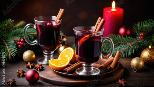 Hot mulled wine with warming spices, cinnamon sticks, and orange slices, set on a wooden table with a Christmas decor backdrop, great for winter and holiday visuals