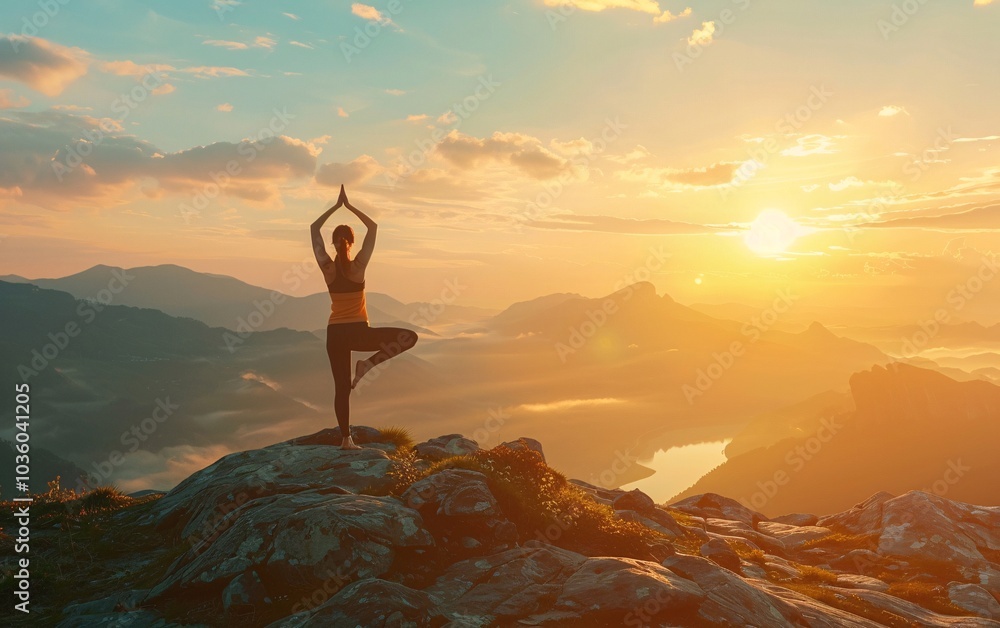 © NazmulPGD - Woman practice yoga on mountain with sunset or sunrise