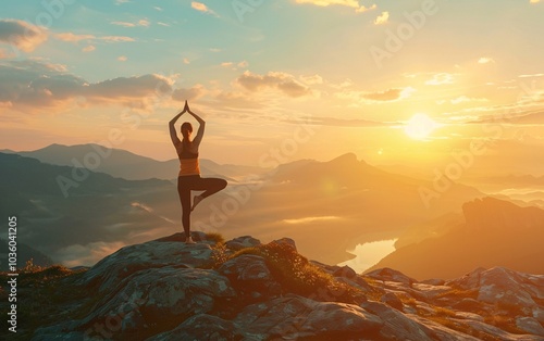 Wallpaper Mural Woman practice yoga on mountain with sunset or sunrise Torontodigital.ca