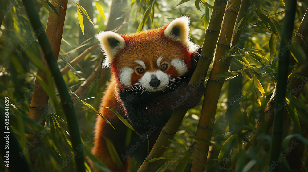 A red panda climbing through a dense bamboo forest, with no exposure issues affecting the bright greens of the bamboo and the panda’s red fur. A red panda climbing through a dense bamboo forest, with no exposure issues affecting the bright greens of the bamboo and the panda’s red fur.