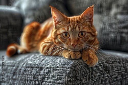 a ginger cat sits on the handle of a gray matting sofa  spoiled by claws. photo