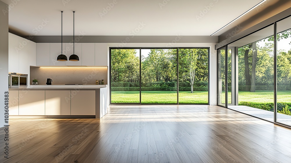 Fototapeta premium Empty room with windows and modern kitchen